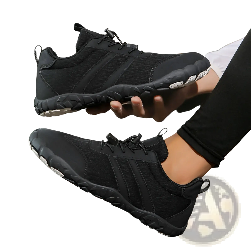 Wide toe box minimalist running shoes for men and women in black mesh with white soles and three parallel stripes on the side