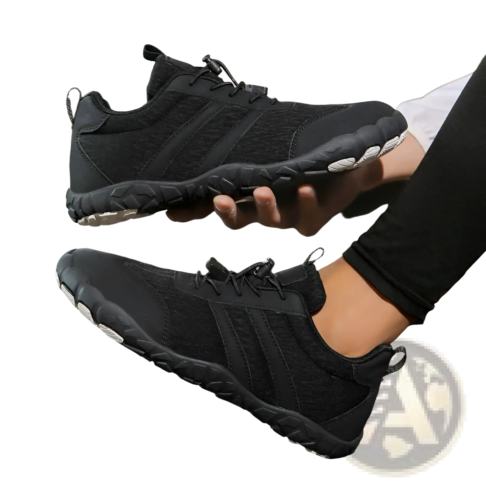 Wide toe box minimalist running shoes for men and women in black mesh with white soles and three parallel stripes on the side