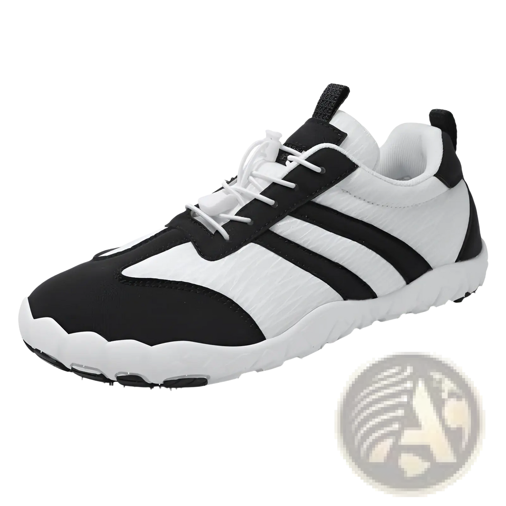 Black and white wide toe box minimalist running shoe with breathable mesh upper and three bold black stripes