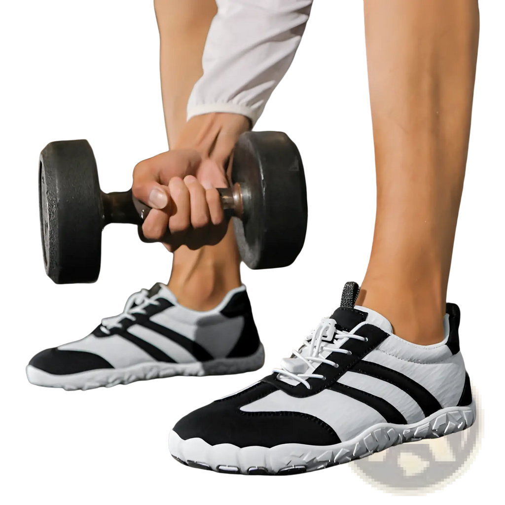 Wide toe box minimalist running shoes for men and women black and white with three bold black stripes and textured sole