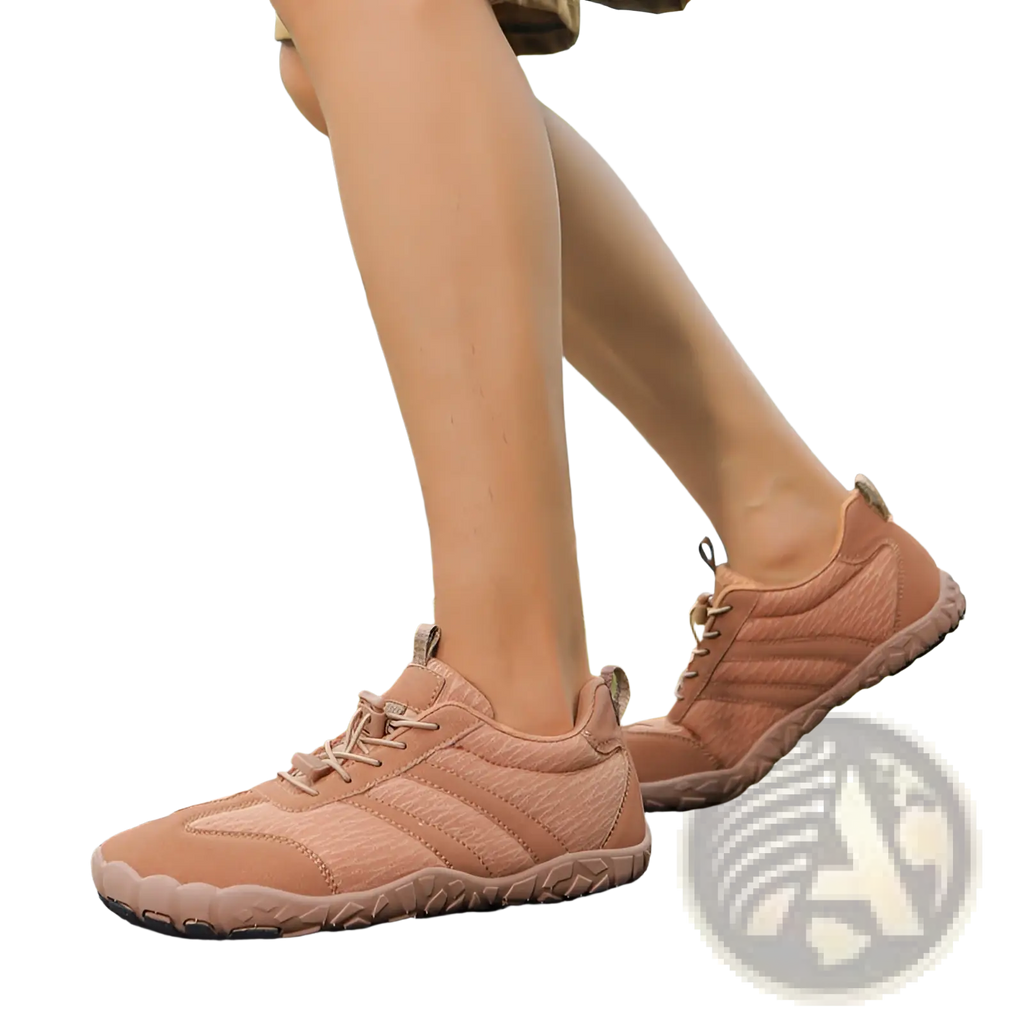 Tan suede and mesh wide toe box minimalist running shoes for men and women designed for trail running use