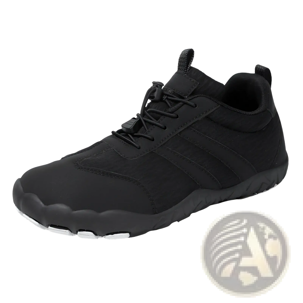 Black minimalist barefoot shoe with wide toe box textured fabric upper and white rubber sole for running