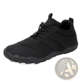 Black minimalist barefoot shoe with wide toe box textured fabric upper and white rubber sole for running