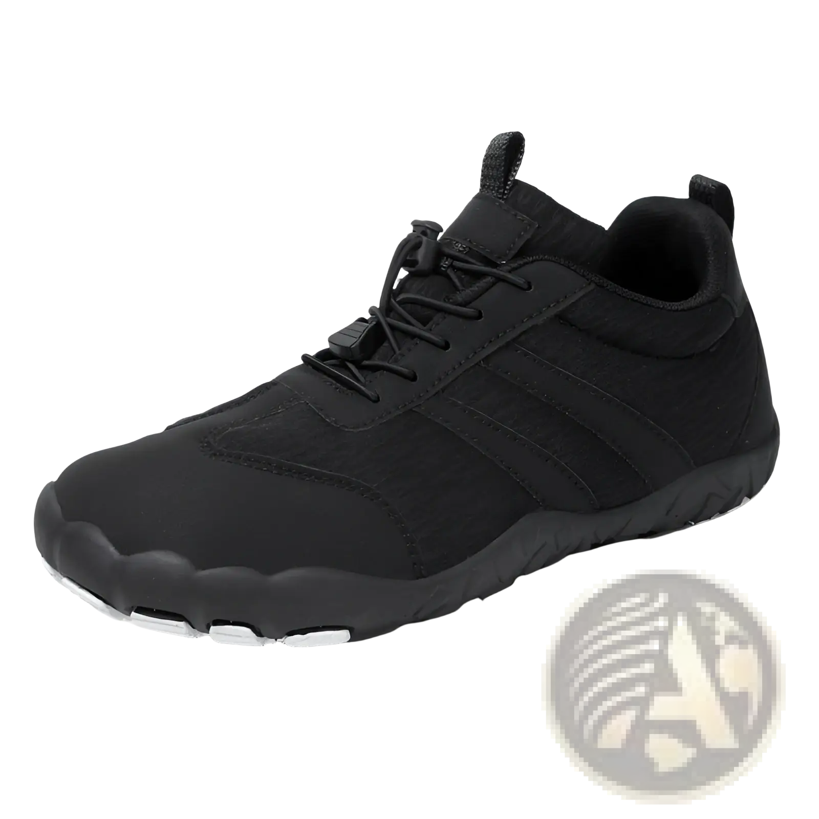 Black minimalist barefoot shoe with wide toe box textured fabric upper and white rubber sole for running