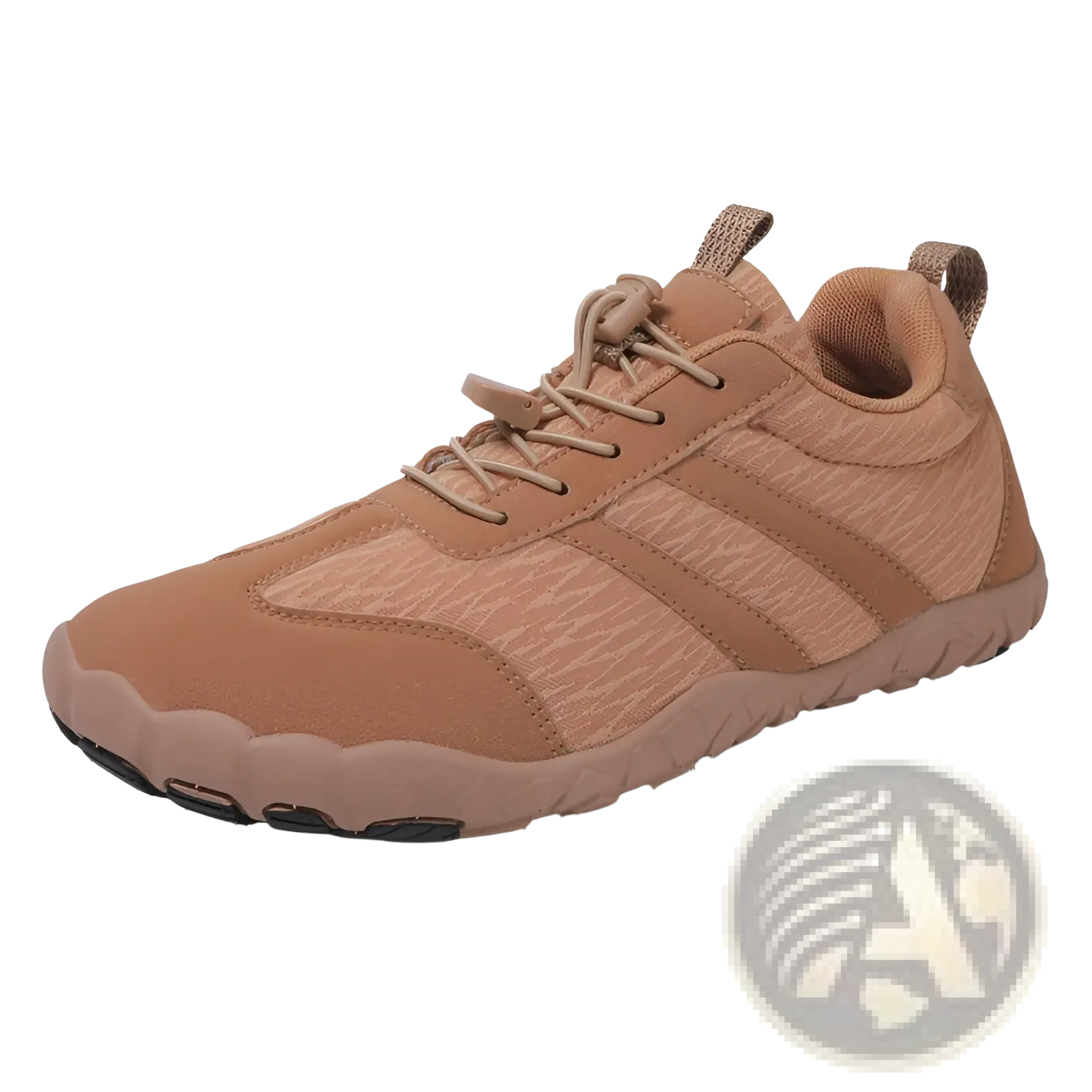 Tan minimalist running shoe with wide toe box breathable mesh panels and flexible rubber sole for men and women