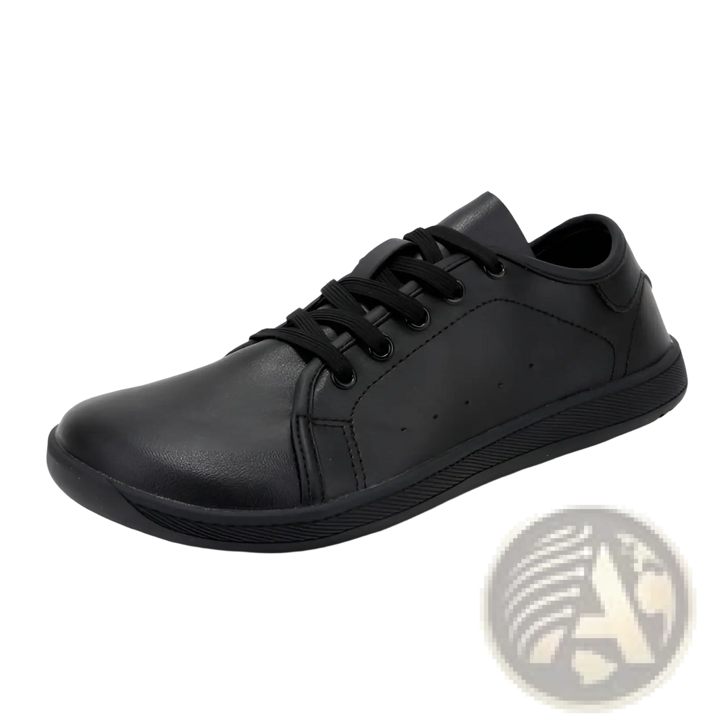 Black leather wide toe low-top minimalist non slip sneaker with matching laces and textured rubber sole
