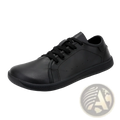 Black leather wide toe low-top minimalist non slip sneaker with matching laces and textured rubber sole