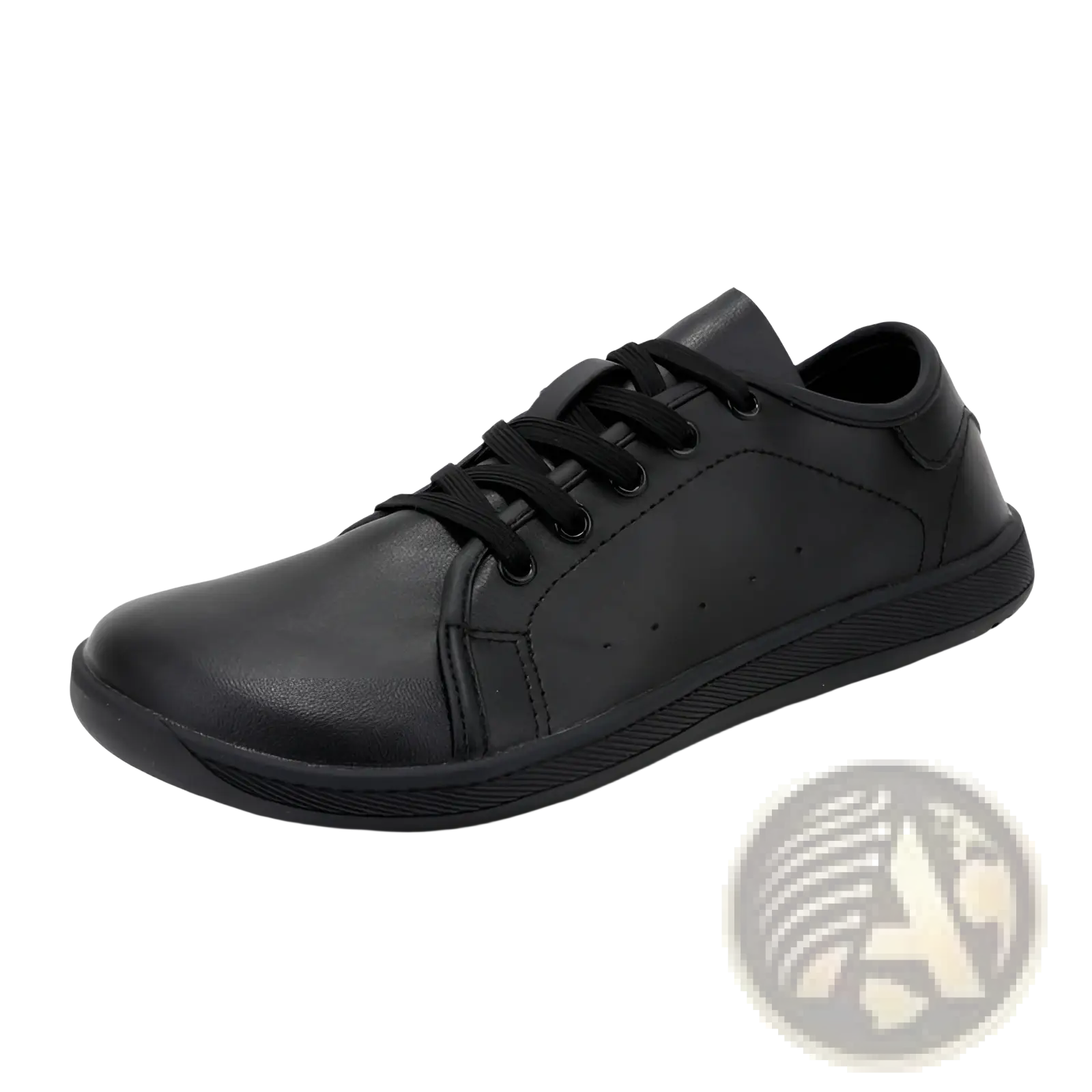 Black leather wide toe low-top minimalist non slip sneaker with matching laces and textured rubber sole