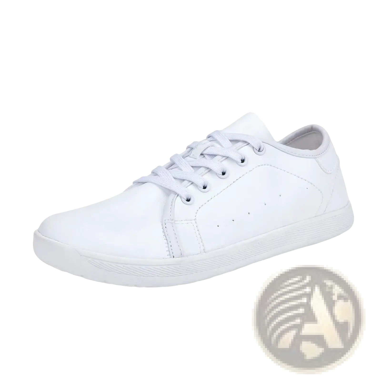 White leather low-top wide toe minimalist non slip sneakers with matching laces and clean design