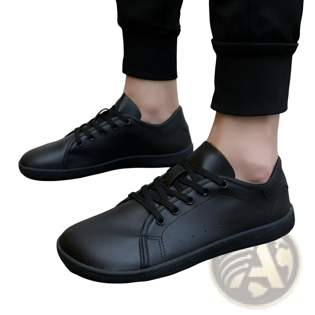 Black leather wide toe minimalist non slip sneakers with matching laces and sleek design
