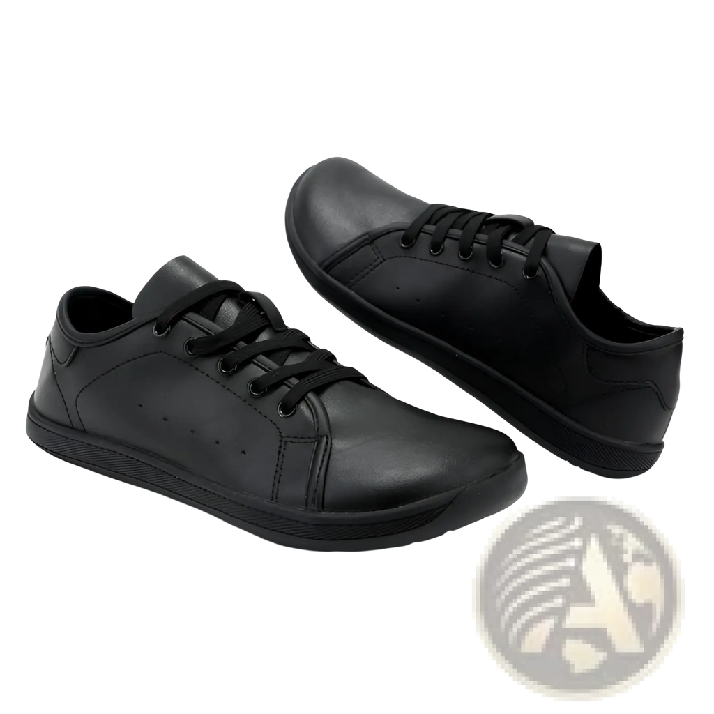 Black leather low-top wide toe minimalist non slip sneakers with matching laces designed for comfort and style