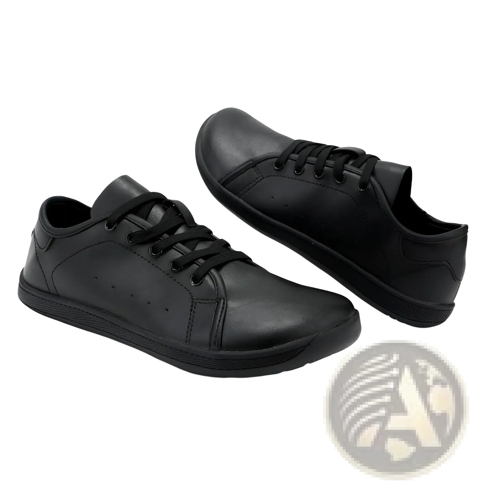 Black leather low-top wide toe minimalist non slip sneakers with matching laces designed for comfort and style