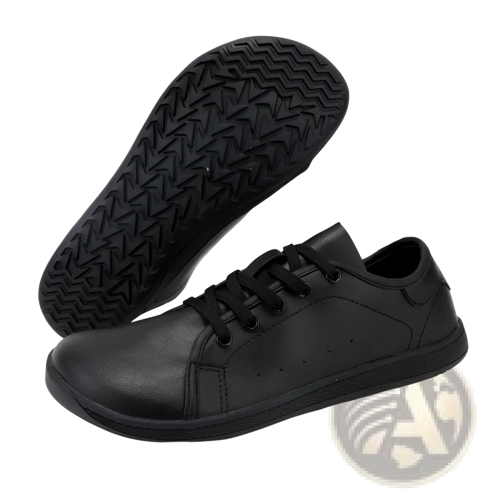 Black leather wide toe low-top sneaker with textured rubber sole and matching laces minimalist non slip design