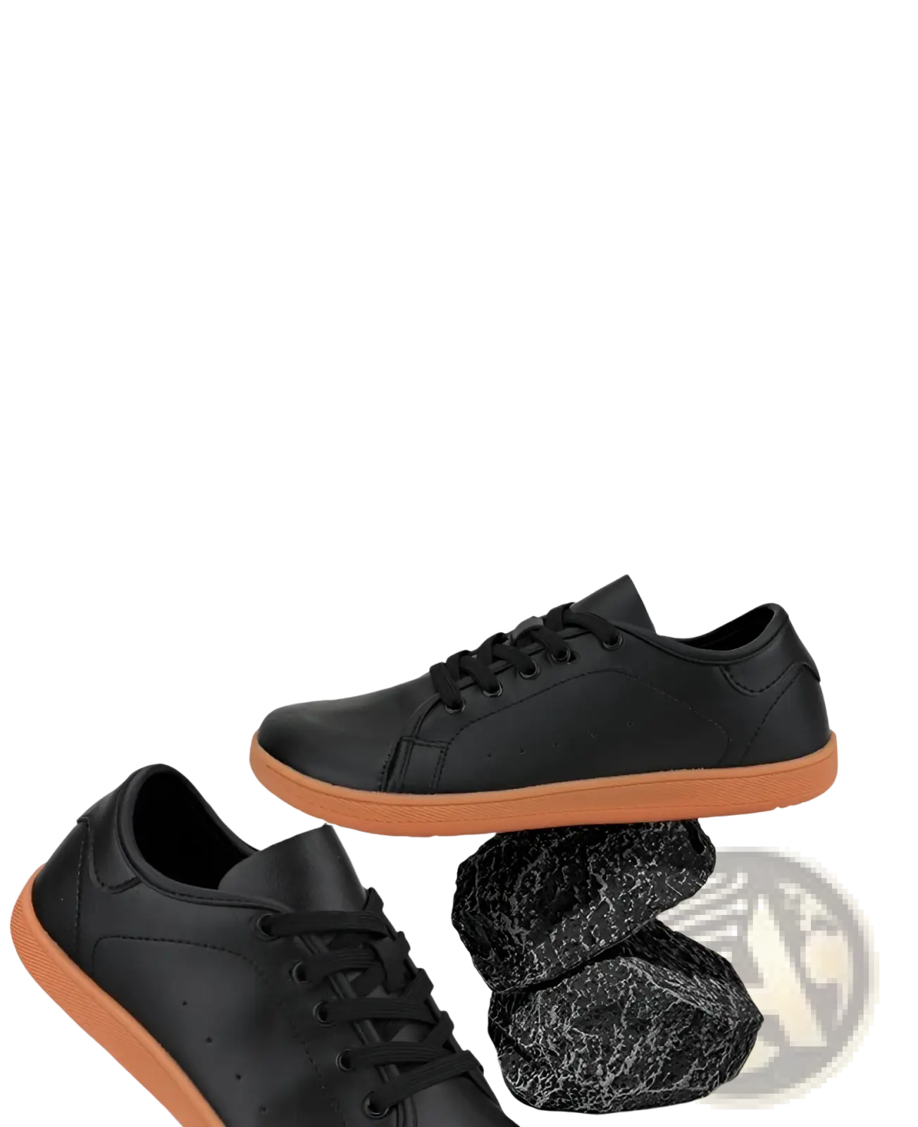 Black leather low-top wide toe minimalist sneakers with orange non slip sole for comfortable everyday wear