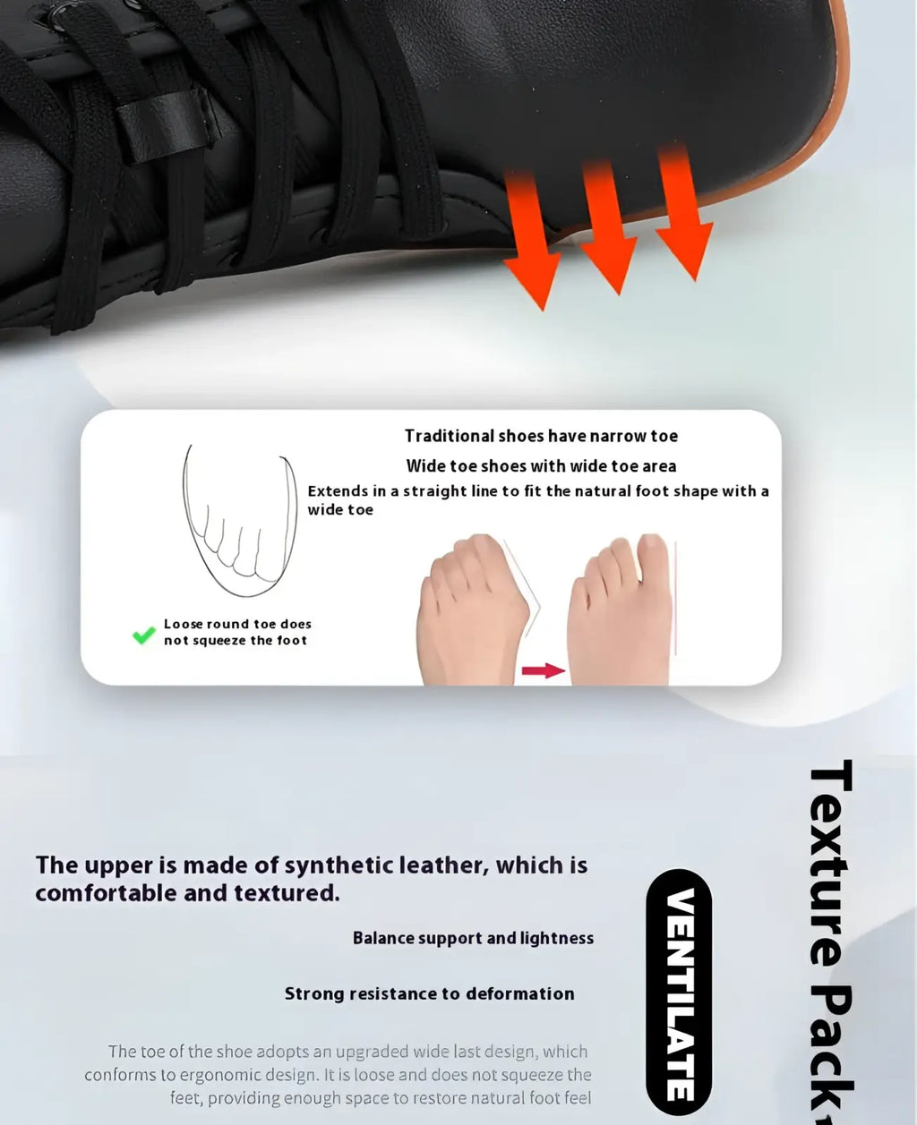 Black synthetic leather wide toe shoes minimalist non slip sneakers designed for comfort and natural foot shape