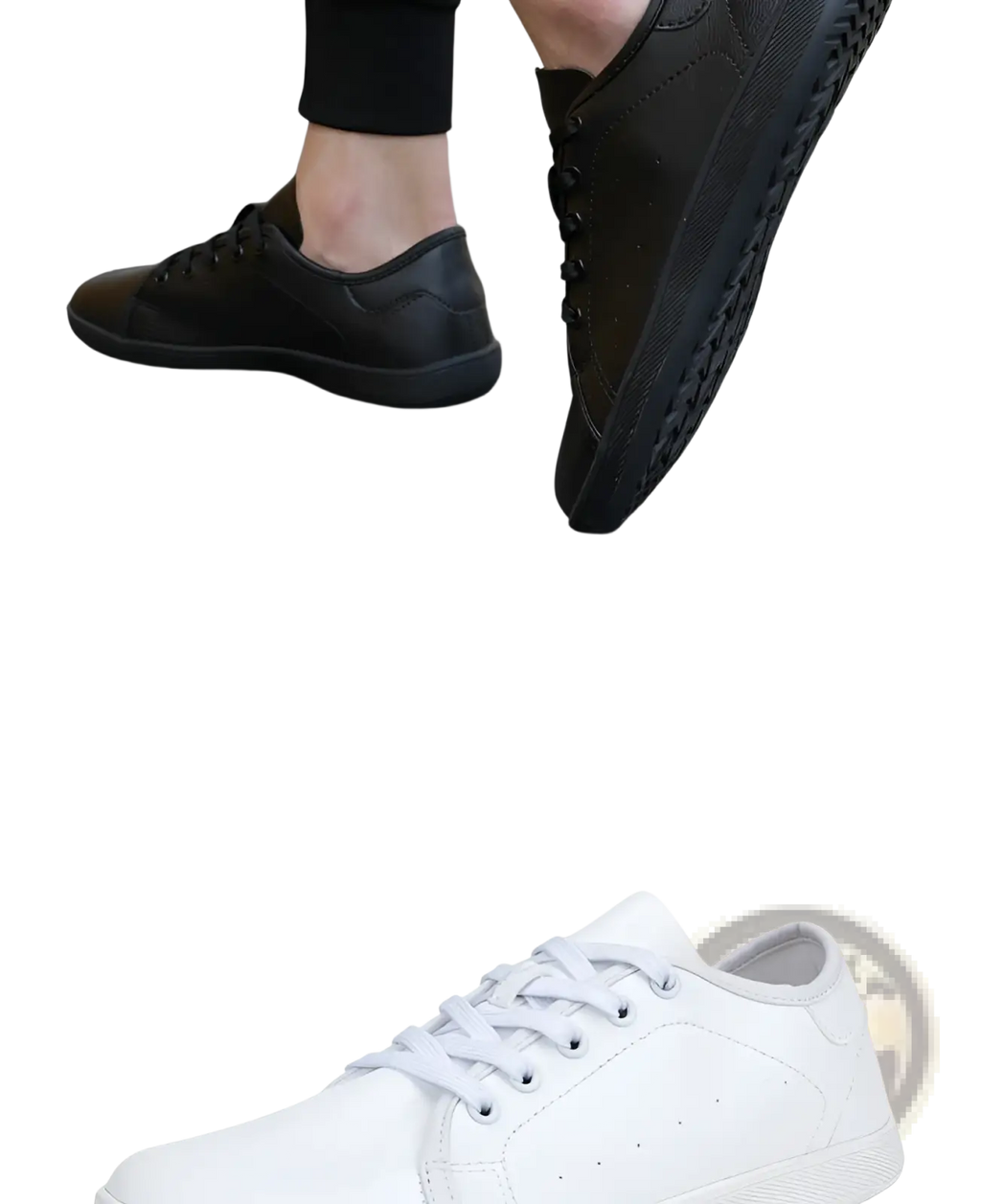 Wide toe leather shoes minimalist non slip sneakers in black with white laces and textured rubber sole paired with black pants