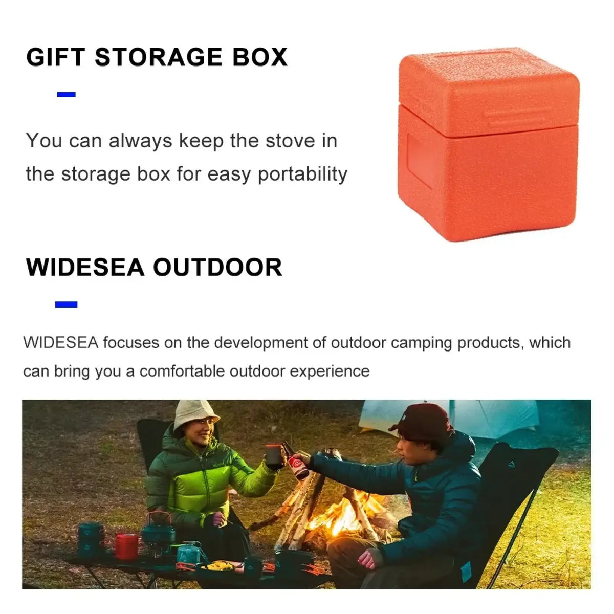 Orange textured cube-shaped storage box for widesea 3-burner portable camping stove accessories