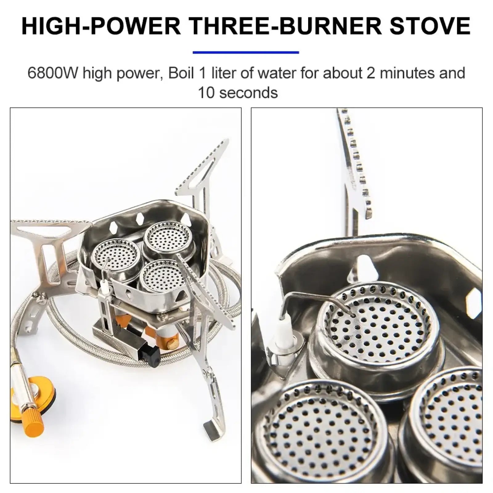 Widesea three-burner portable camping stove with silver perforated burner heads and foldable metal frame