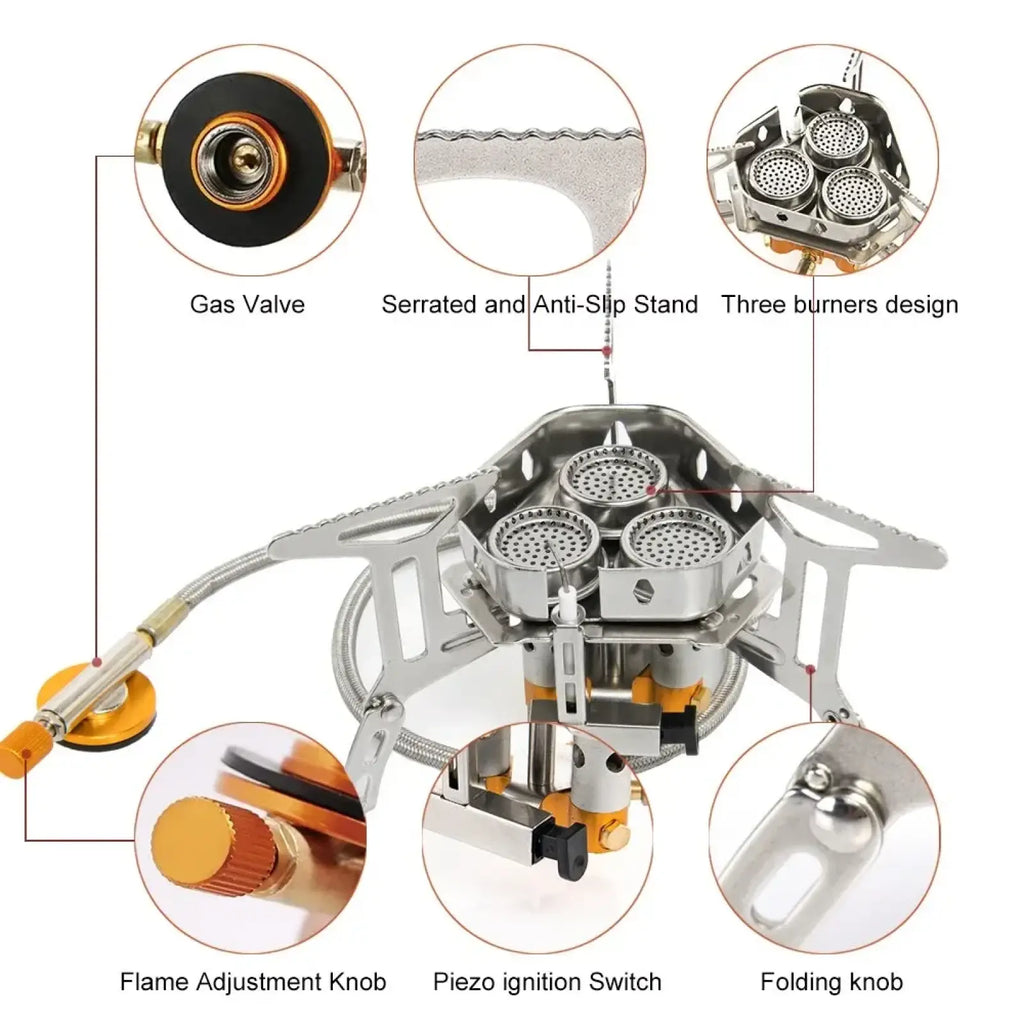 Widesea 3-burner portable camping stove in silver with serrated anti-slip stand and orange flame adjustment knobs