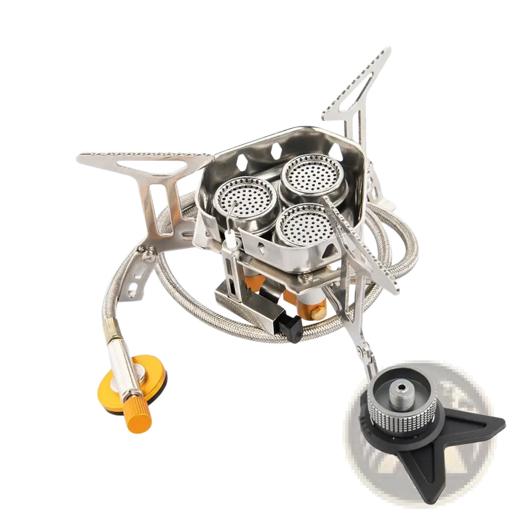 Widesea 3-burner portable silver camping stove with flexible gas hose and orange fuel tank cap accents