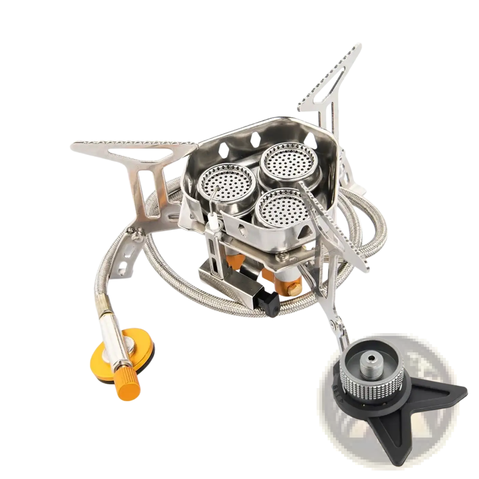 Widesea 3-burner portable silver camping stove with flexible gas hose and orange fuel tank cap accents