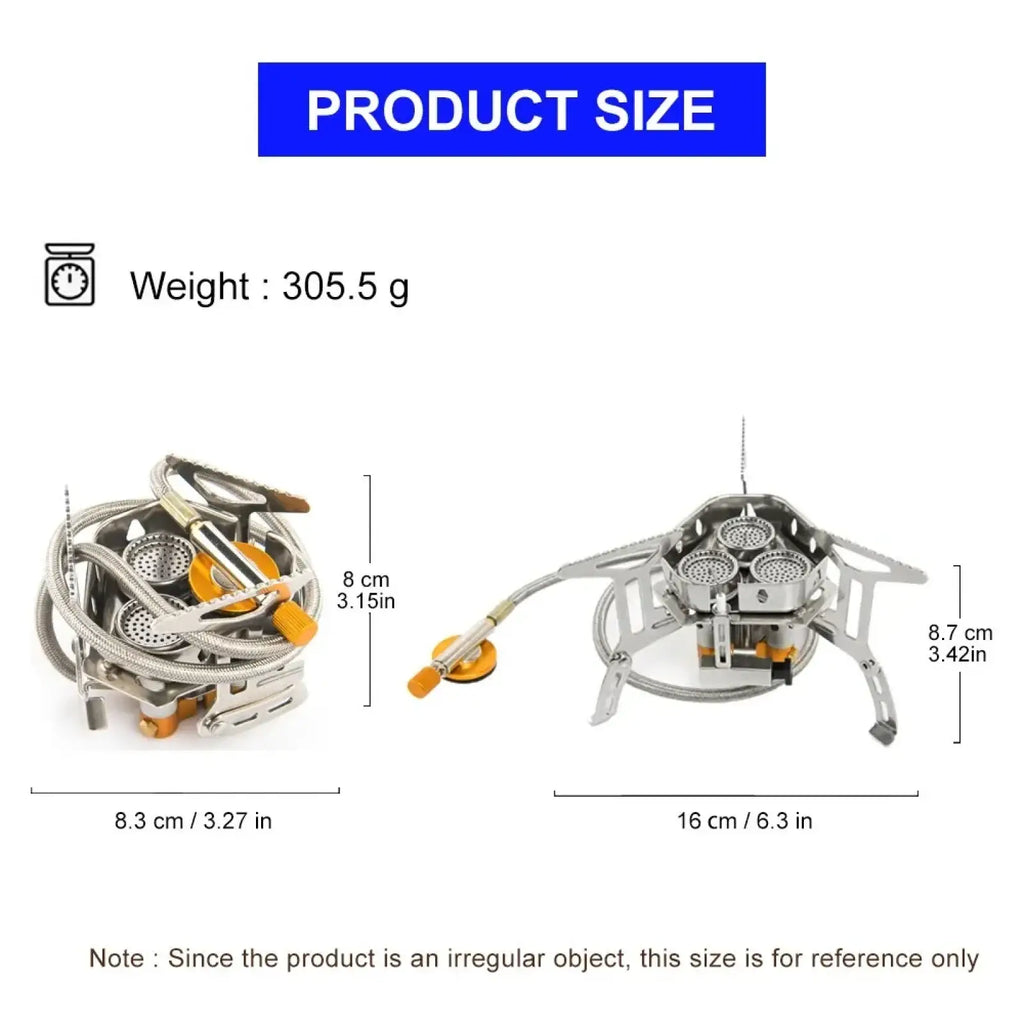 Widesea portable 3-burner camping gas stove in compact silver stainless steel with orange fuel valve accents