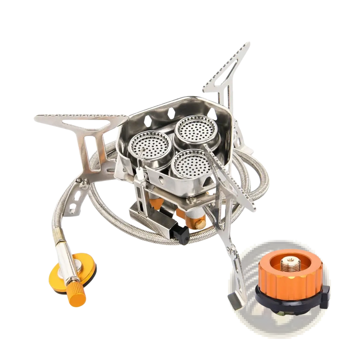 Widesea portable silver 3-burner camping gas stove with orange fuel valve and regulator for outdoor cooking