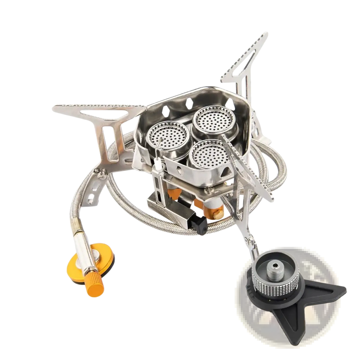 Widesea portable 3-burner camping gas stove in silver with flexible gas hose and orange accents on fuel tank cap