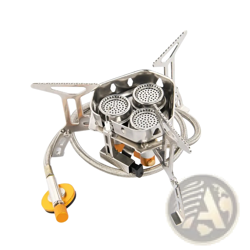 Widesea portable 3-burner camping gas stove silver stainless steel with yellow gas regulator for outdoor cooking