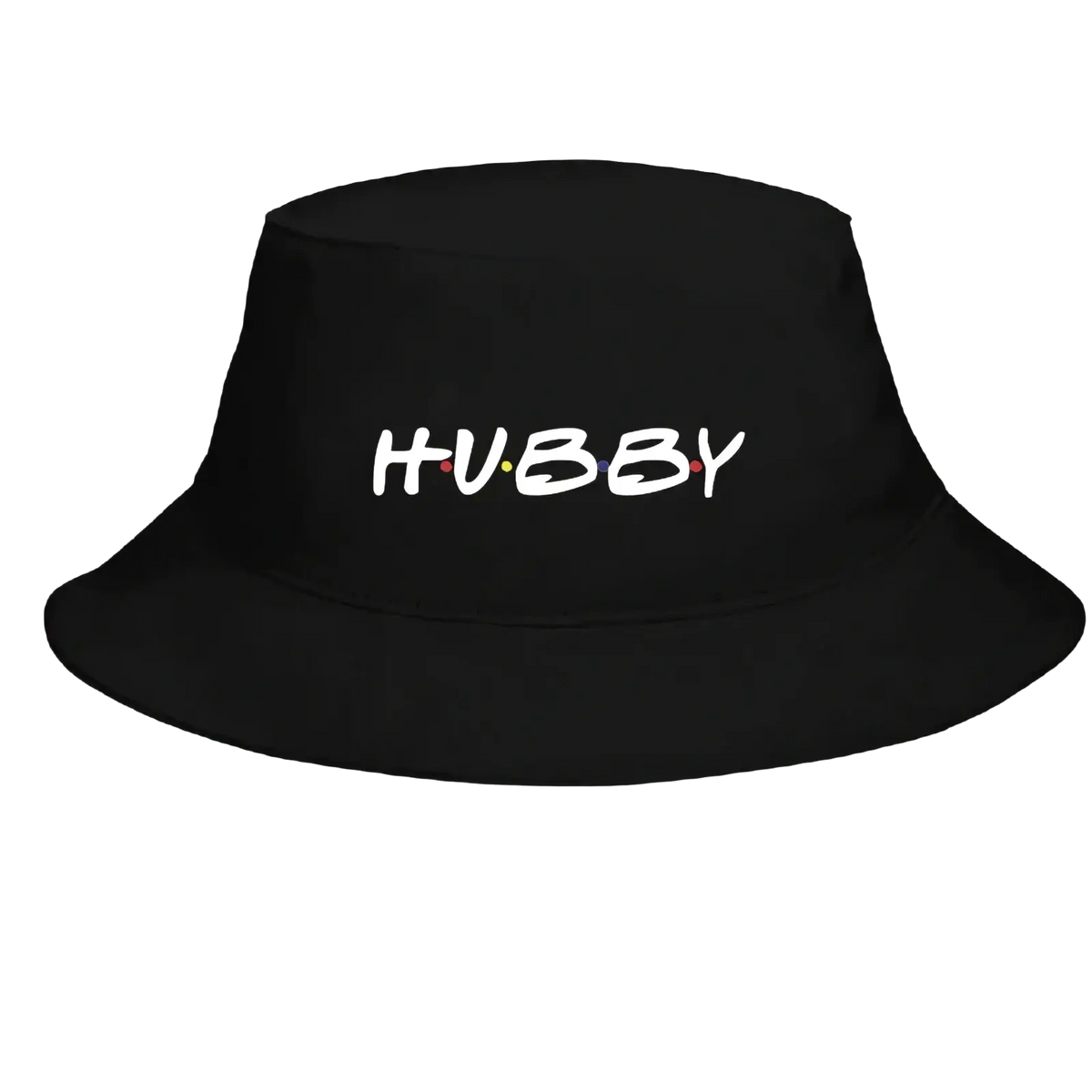Black bucket hat with hubby embroidered in white and colorful dots for wifey hubby friends themed wedding use