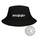 Black bucket hat with hubby embroidered in white and colorful dots for wifey hubby friends themed wedding use