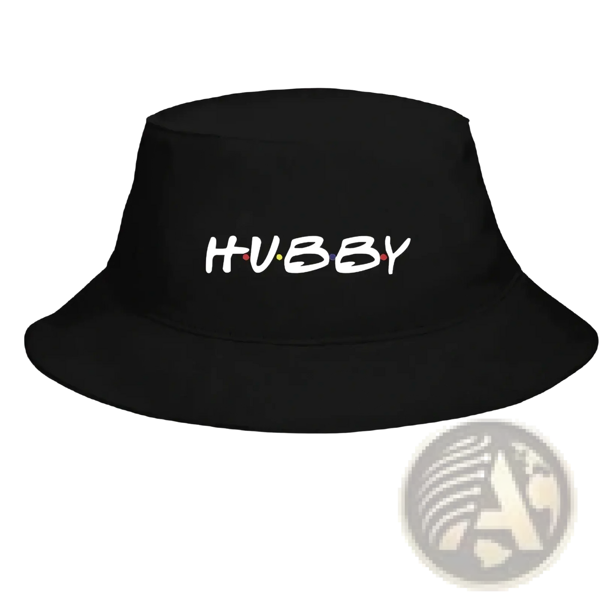 Black bucket hat with hubby embroidered in white and colorful dots for wifey hubby friends themed wedding use