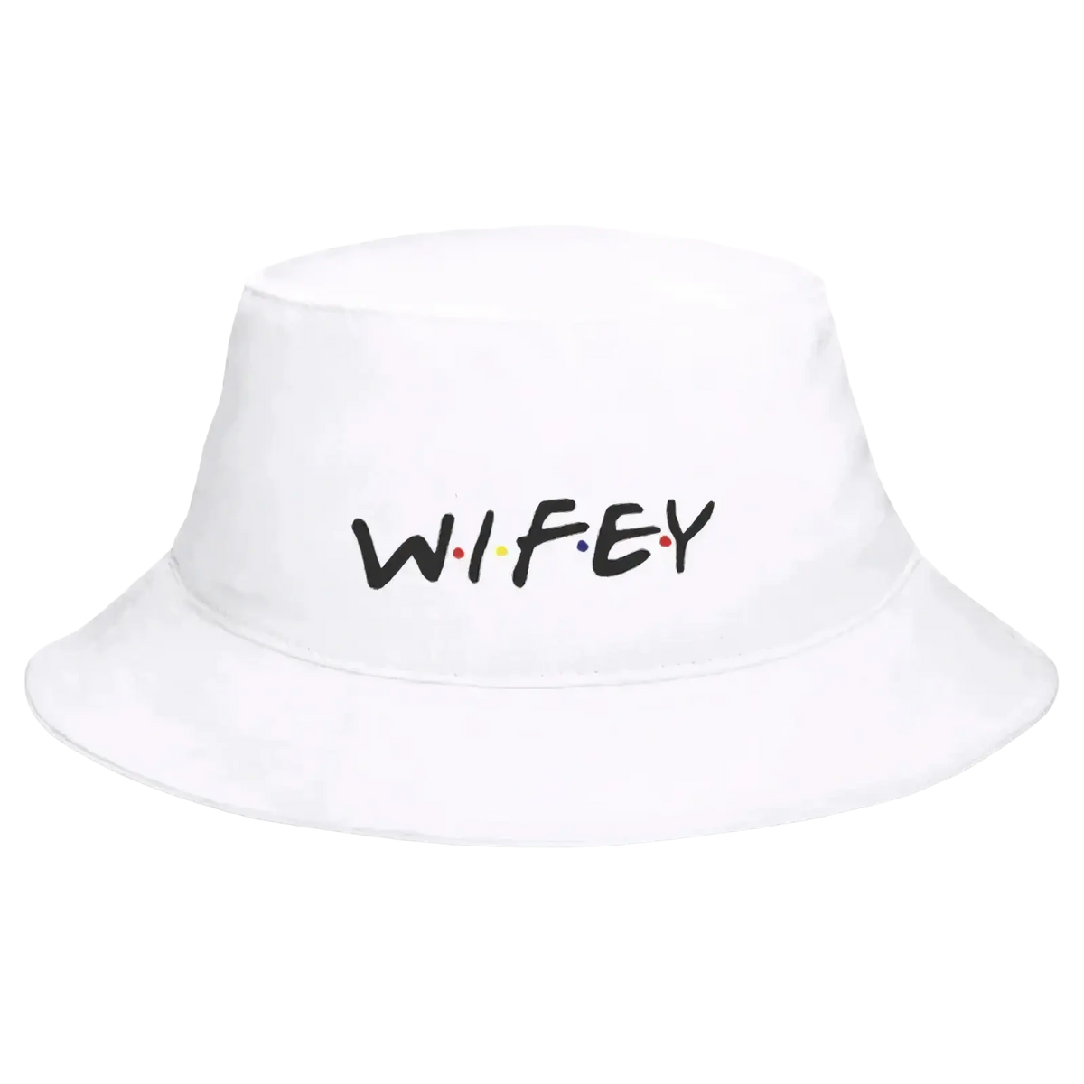 White bucket hat with wifey in black lettering and colorful dots in a tv show logo style from wedding collection