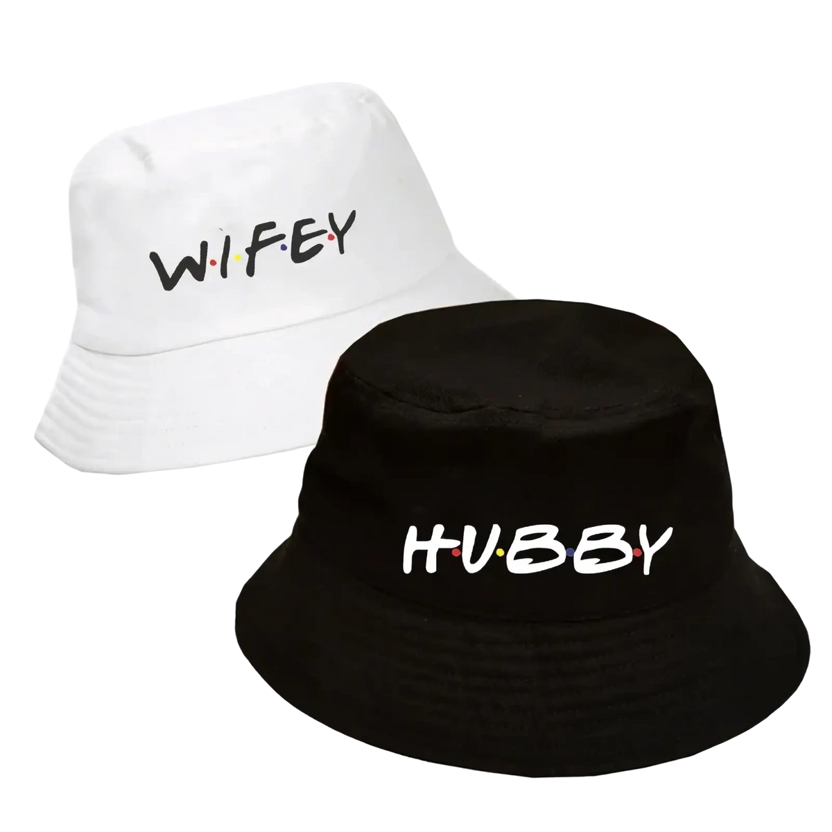 White and black cotton bucket hats with wifey and hubby text in colorful dots for friends themed weddings