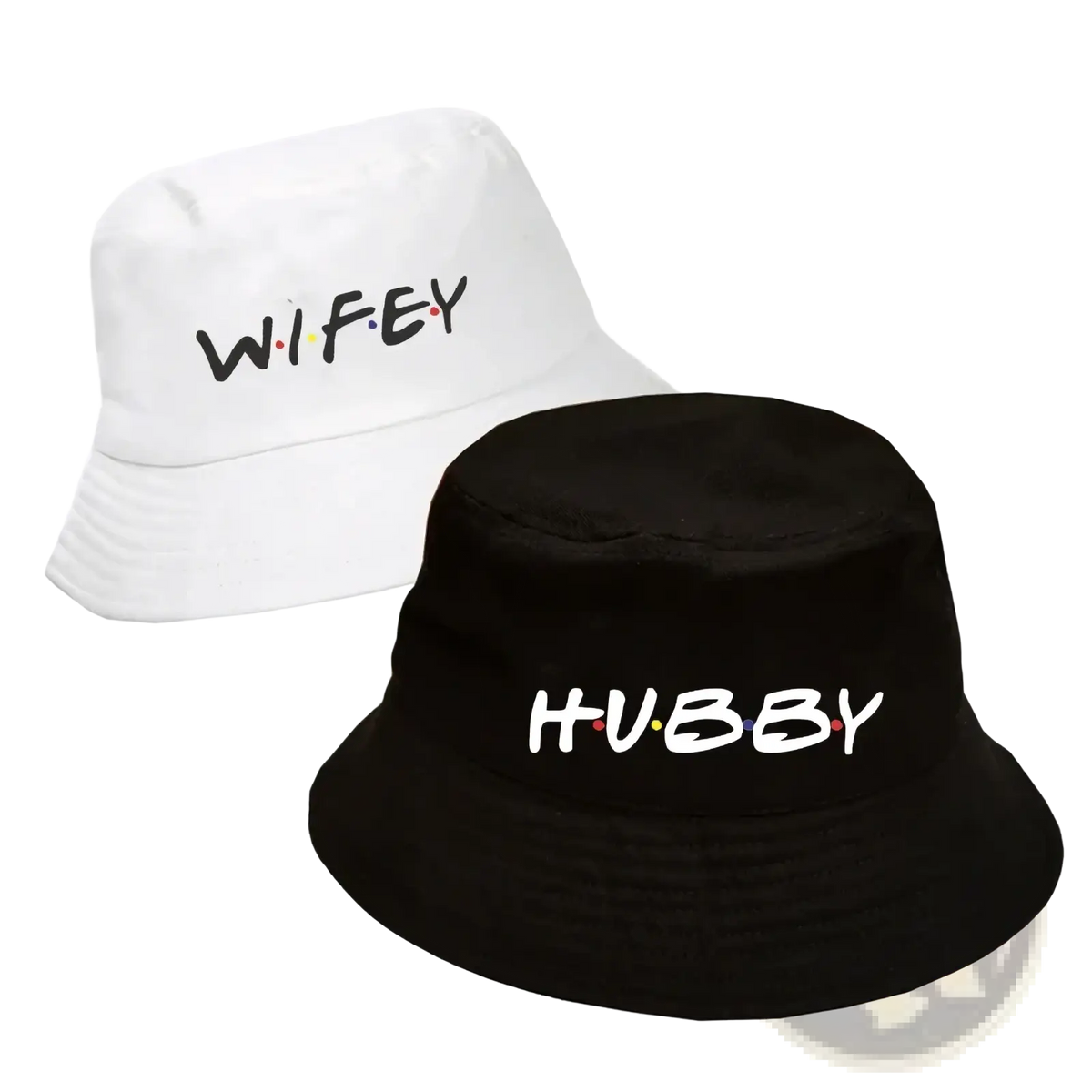 White and black cotton bucket hats with wifey and hubby text in colorful dots for friends themed weddings