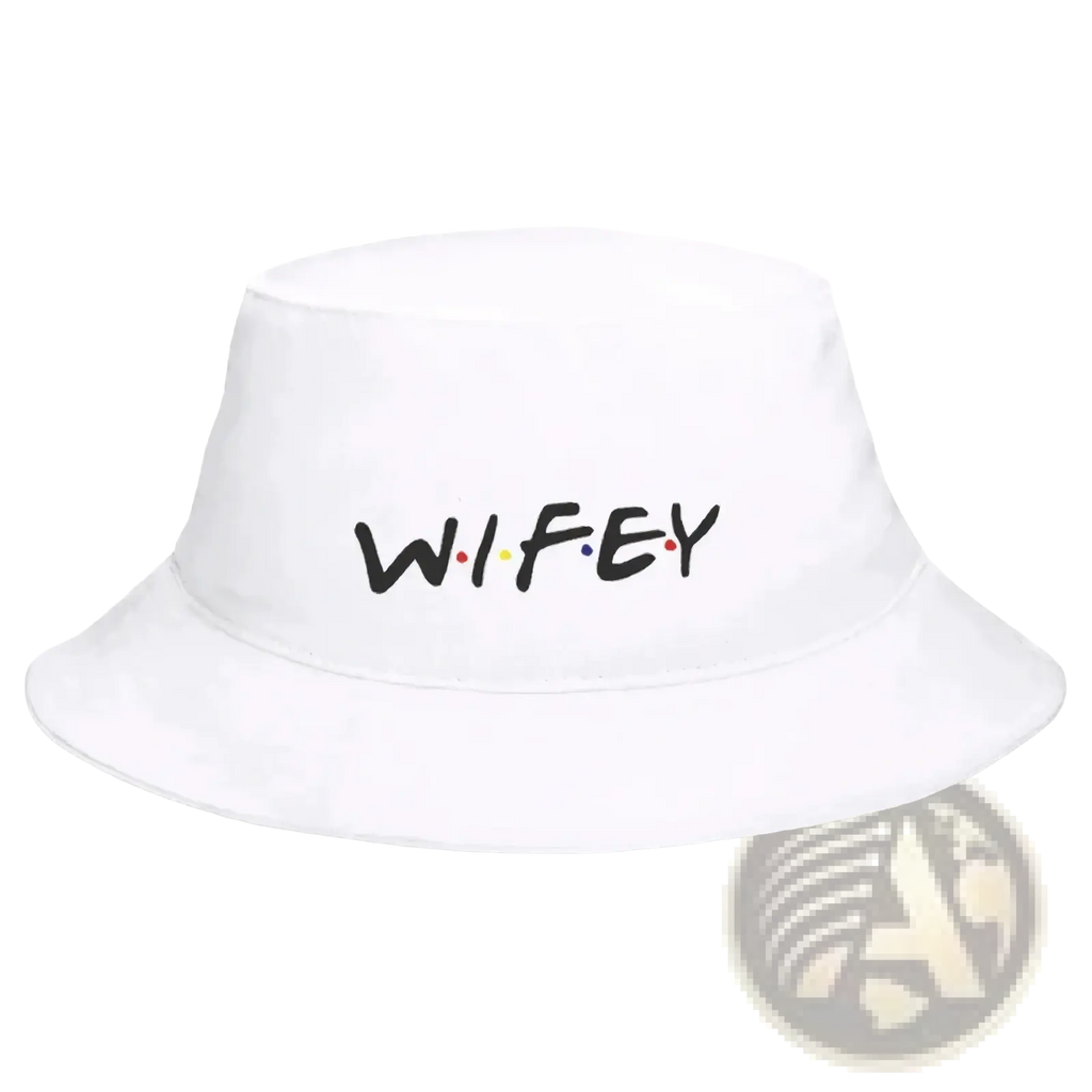 White bucket hat with wifey in black lettering and colorful dots in a tv show logo style from wedding collection