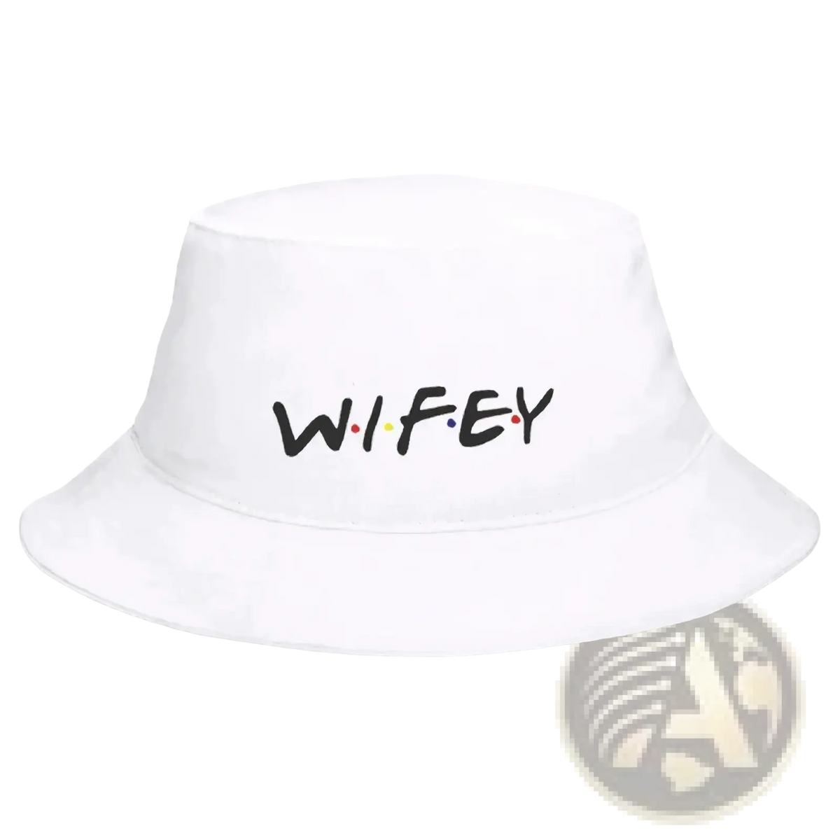 White bucket hat with wifey in black lettering and colorful dots in a tv show logo style from wedding collection