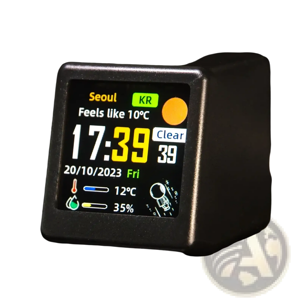 Black square wifi smart weather station desktop clock with digital display showing time weather and date in yellow and white text