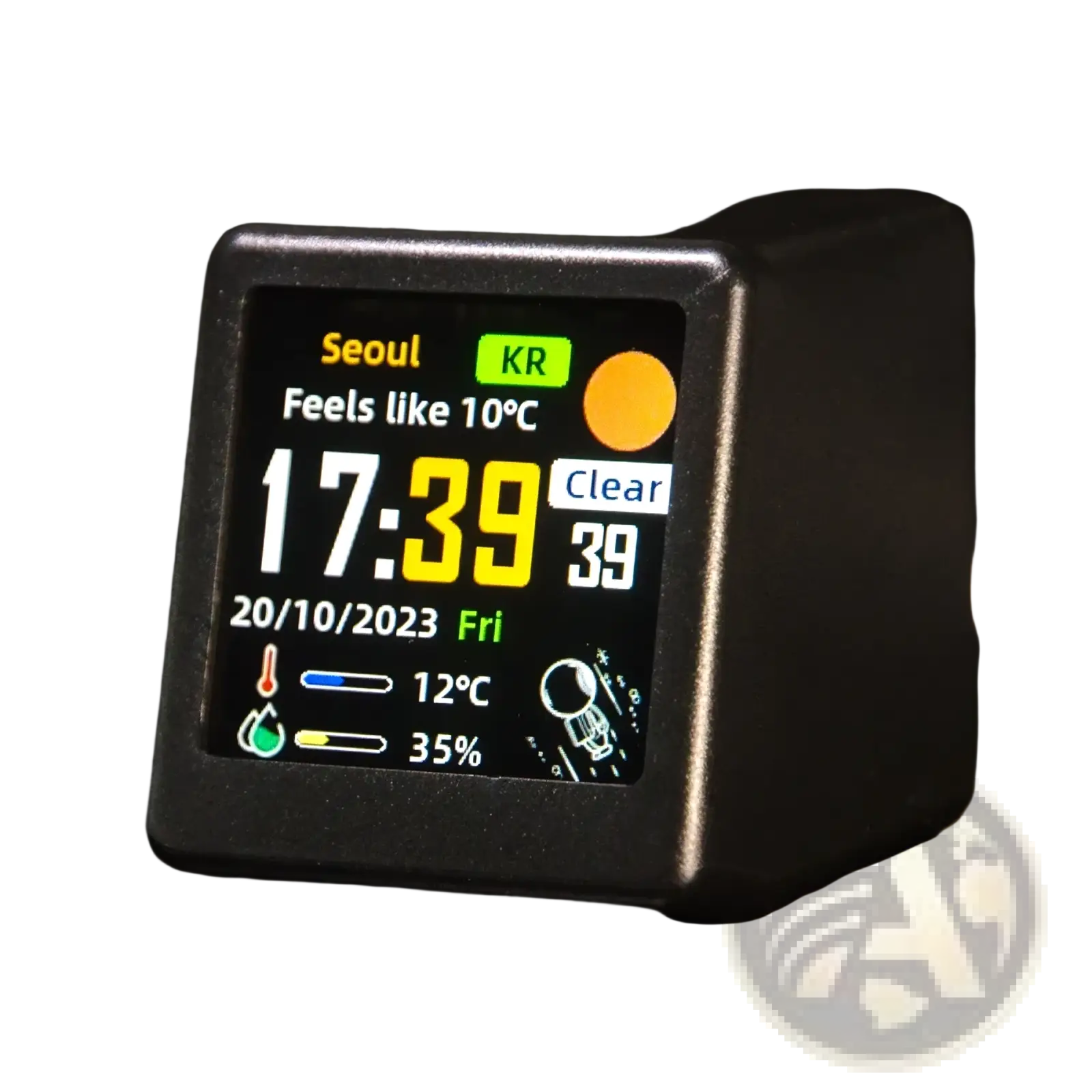 Black square wifi smart weather station desktop clock with digital display showing time weather and date in yellow and white text