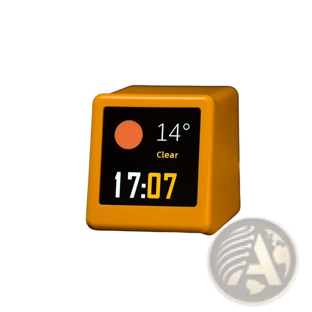 Bright yellow wifi smart weather station desktop clock displaying time temperature and weather conditions