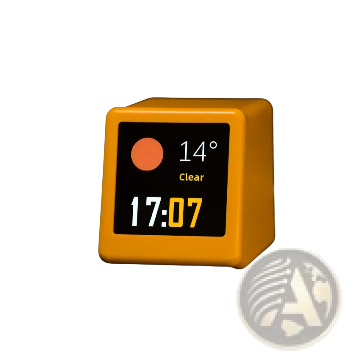 Bright yellow wifi smart weather station desktop clock displaying time temperature and weather conditions