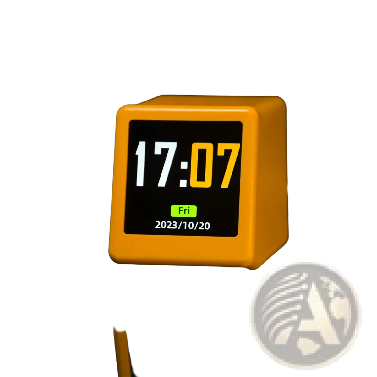 Bright yellow cube-shaped wifi smart weather station desktop clock with black screen displaying white and orange numerals