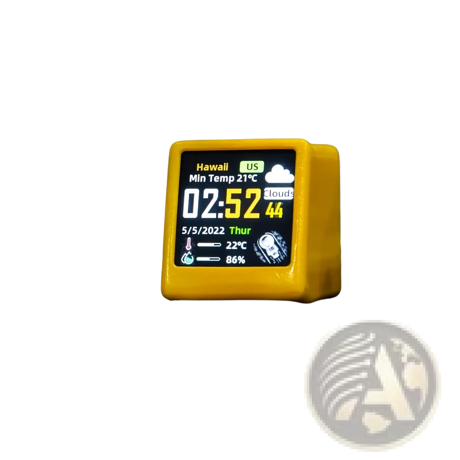 Bright yellow wifi smart weather station desktop clock displaying time temperature and humidity in a cube shape