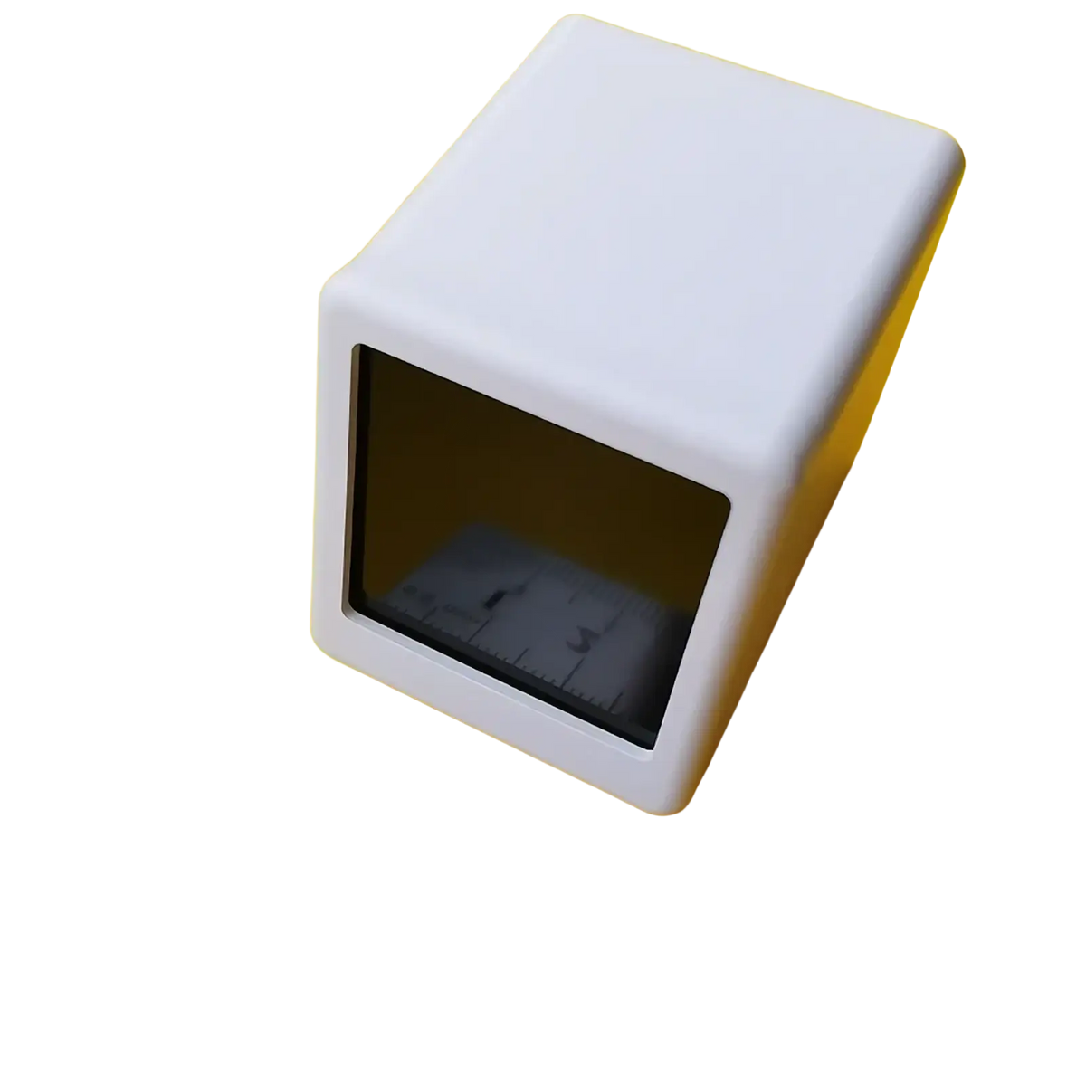 Ivory-white cube-shaped wifi smart weather station desktop clock with dark reflective window on one face