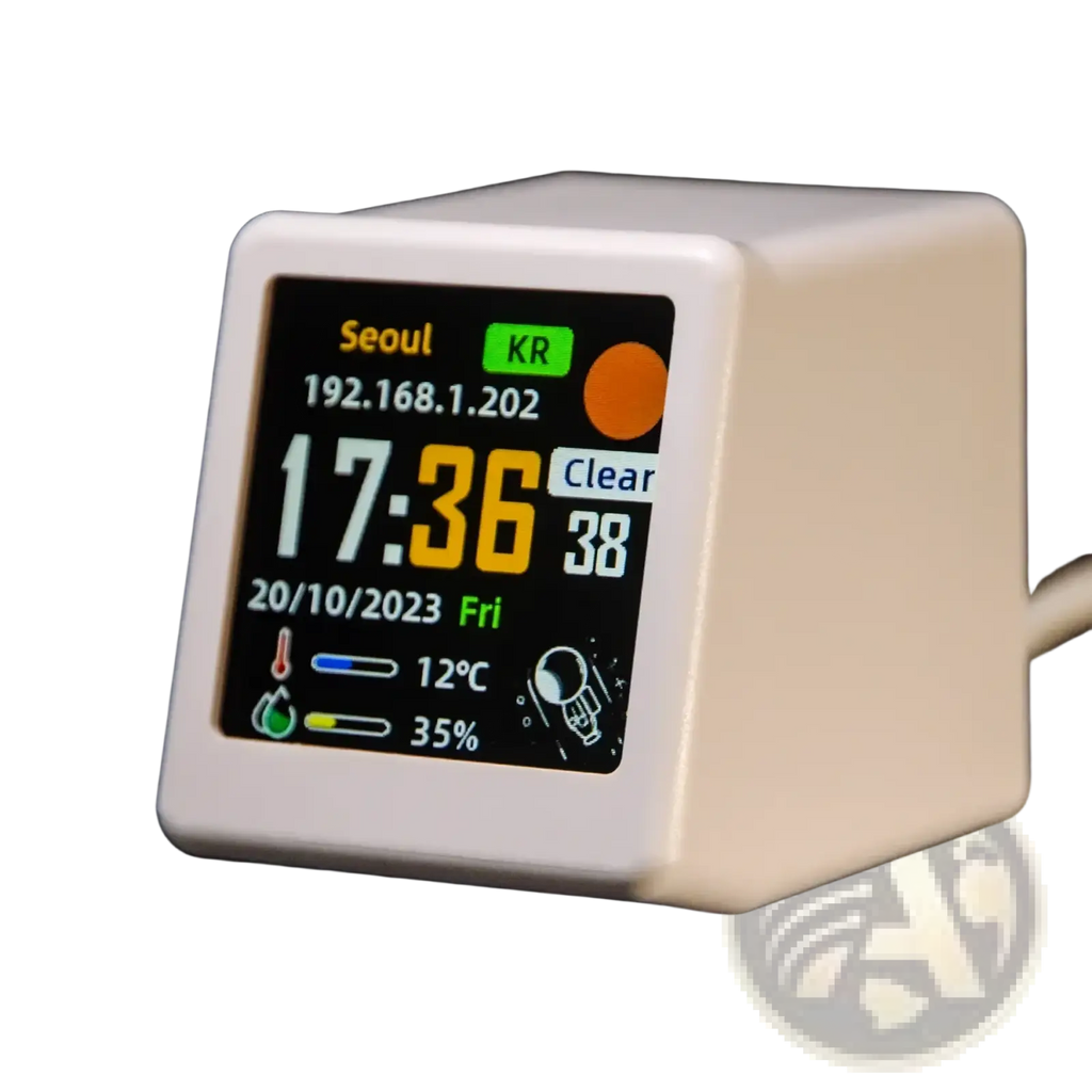 White cube-shaped wifi smart weather station desktop clock displaying time date temperature humidity and location information