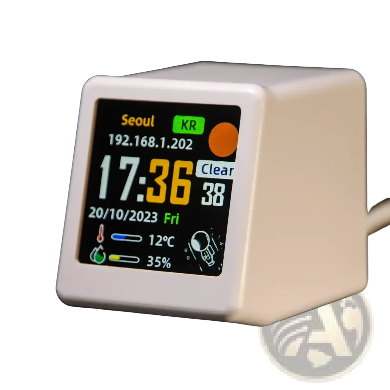 White cube-shaped wifi smart weather station desktop clock displaying time date temperature humidity and location information