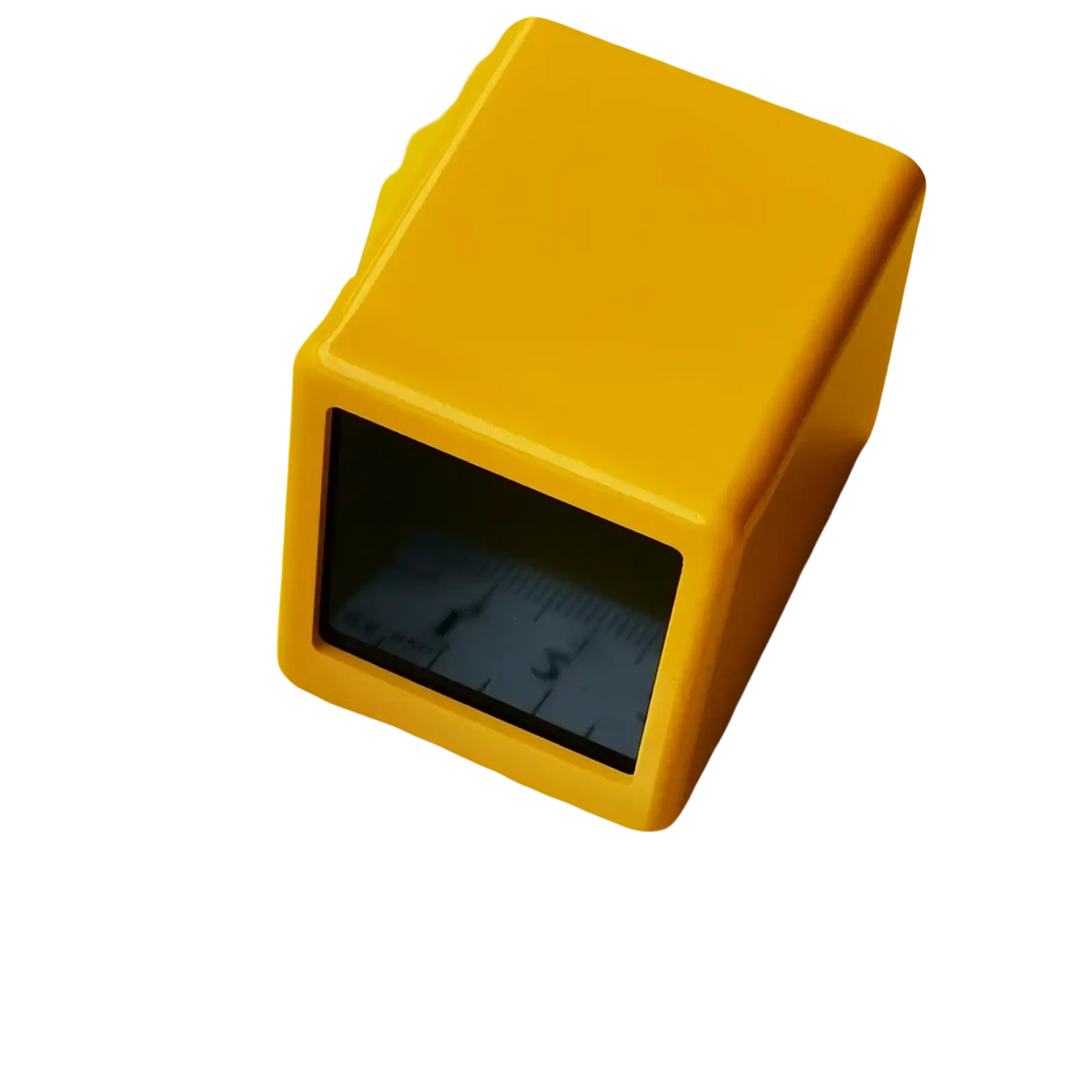 Yellow plastic wifi smart weather station desktop clock with a black rectangular window revealing a built-in ruler