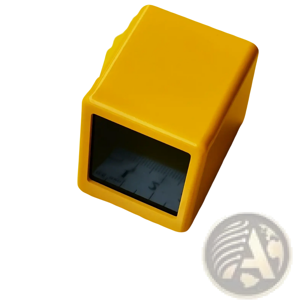 Yellow plastic wifi smart weather station desktop clock with a black rectangular window revealing a built-in ruler