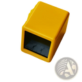 Yellow plastic wifi smart weather station desktop clock with a black rectangular window revealing a built-in ruler