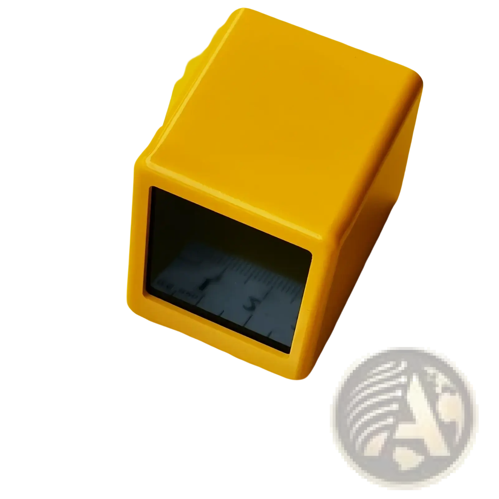 Yellow plastic wifi smart weather station desktop clock with a black rectangular window revealing a built-in ruler